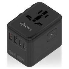 ADAPTADOR AISENS ENCHUFE UNIVERSAL VIAJE CARGADOR USB GAN 35W NEGRO