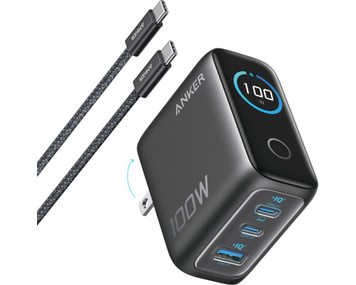 CARGADOR DE PARED ANKER 100W 3 PUERTOS CON PANTALLA INTELIGENTE NEGRO