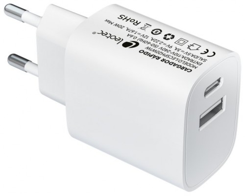 LEOTEC CARGADOR 20W CARGA RAPIDA 1 USB TIPO-C PD 1 USB-A BLANCO