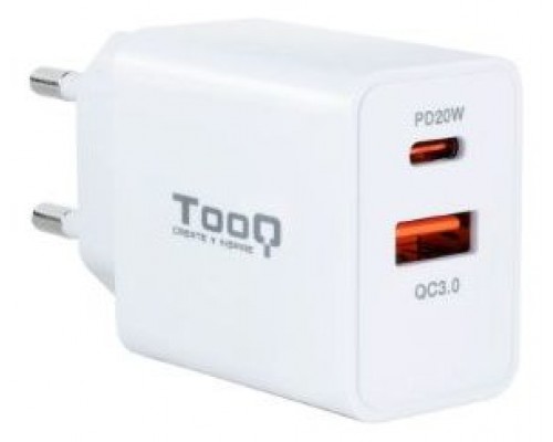 CARGADOR PARED TOOQ USB-C/PD 20W, USB-A/QC 18W BLANCO